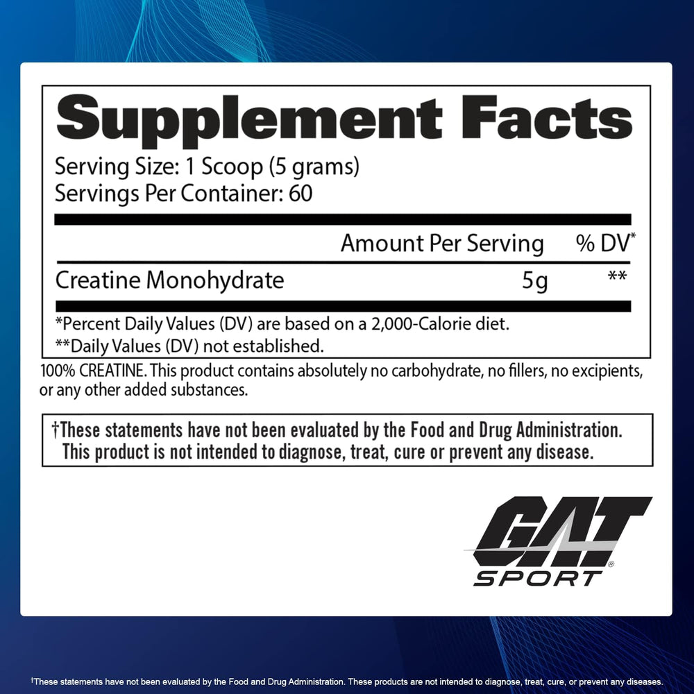 GAT SPORT label close-up highlights 5 g serving and unflavored formula.