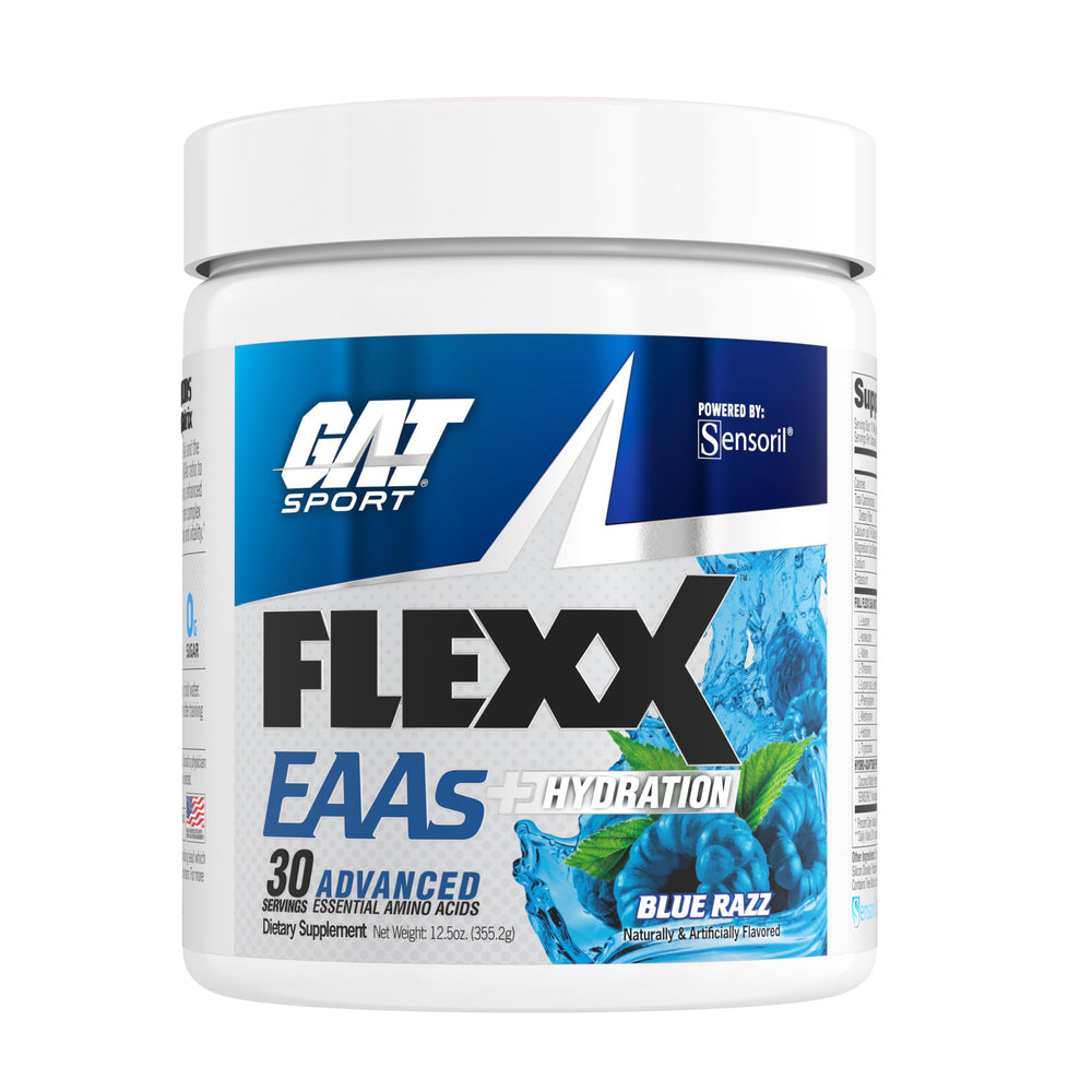 GAT SPORT Flexx EAAs Blue Razz tub for convenient daily hydration and amino intake.