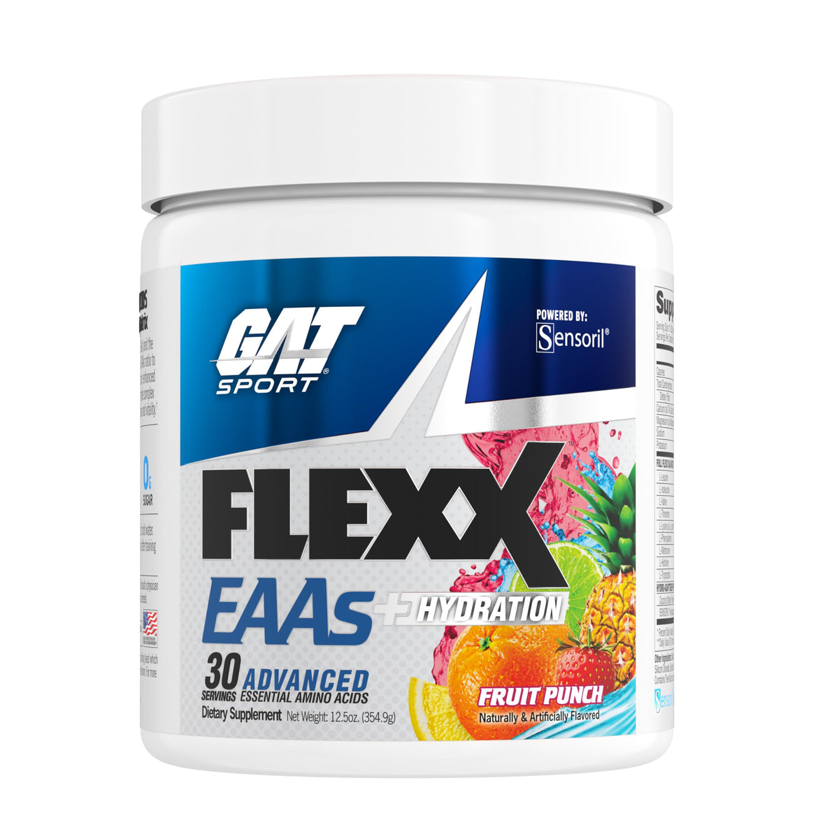 GAT SPORT Flexx EAAs tub front in Fruit Punch, ideal post-workout recovery.