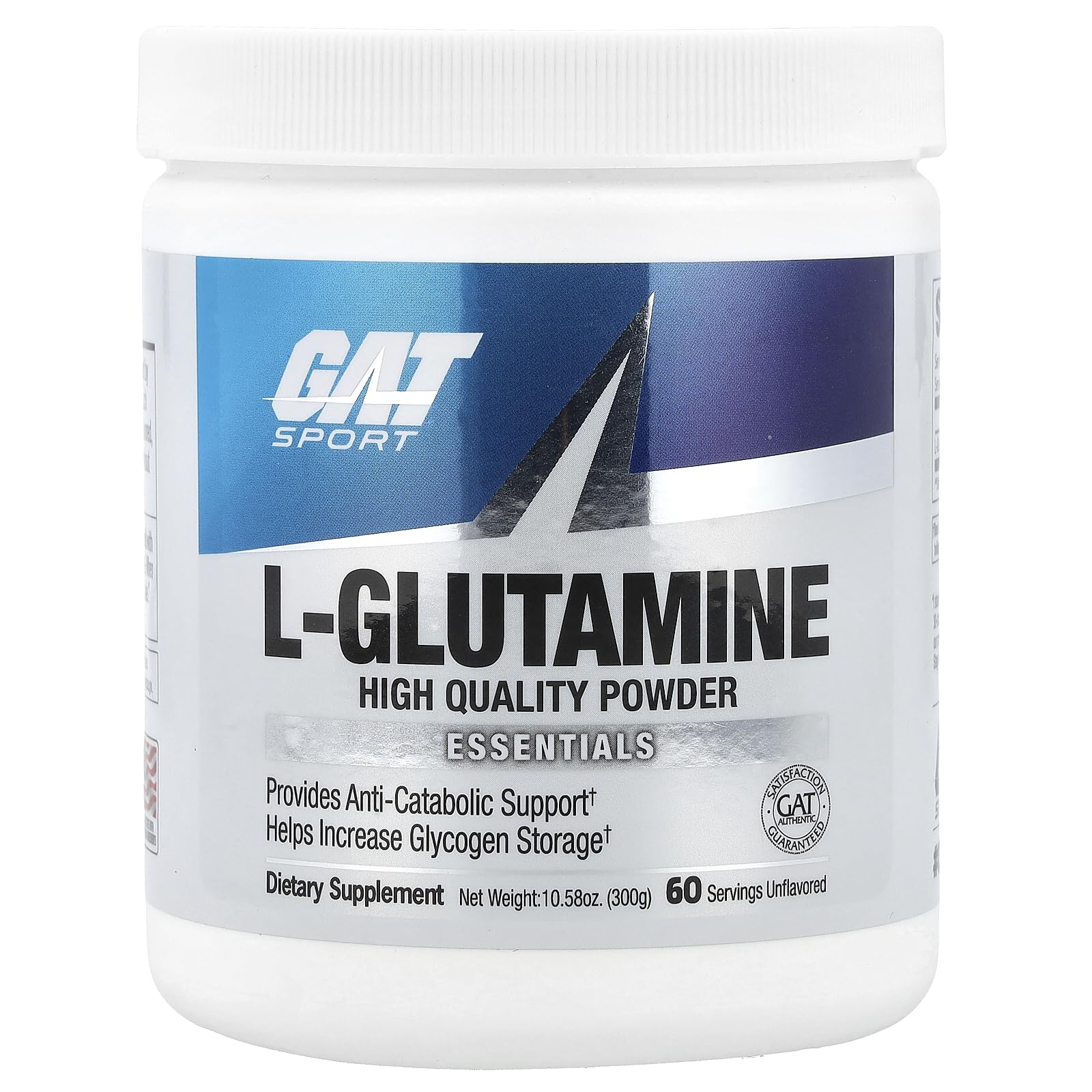 GAT SPORT L-Glutamine unflavored bottle highlights purity and anti-catabolic potential.