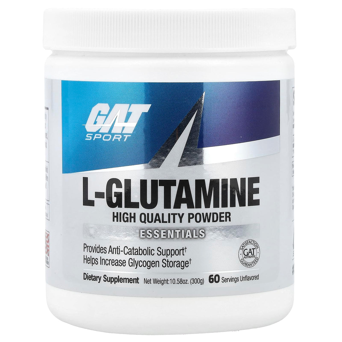 GAT SPORT L-Glutamine unflavored bottle highlights purity and anti-catabolic potential.