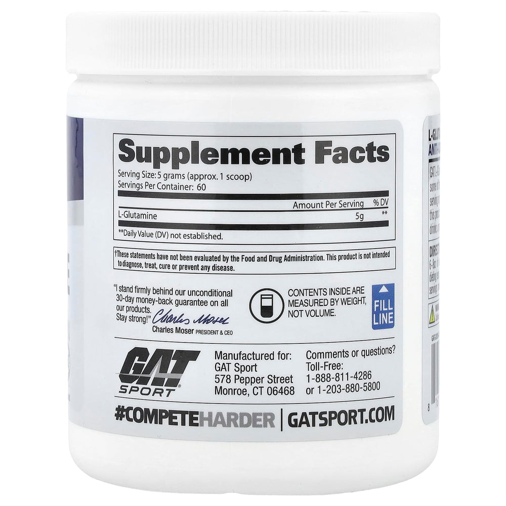 GAT SPORT L-Glutamine unflavored dosing scoop enables easy post-workout dosing.
