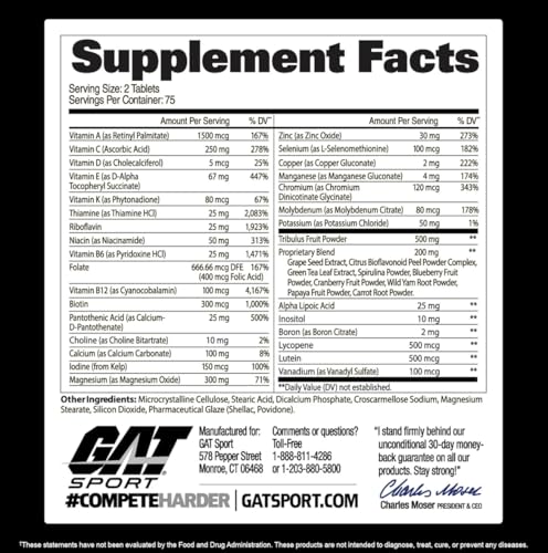 GAT SPORT Men's Multi + Test bottle back with supplement facts and minerals.