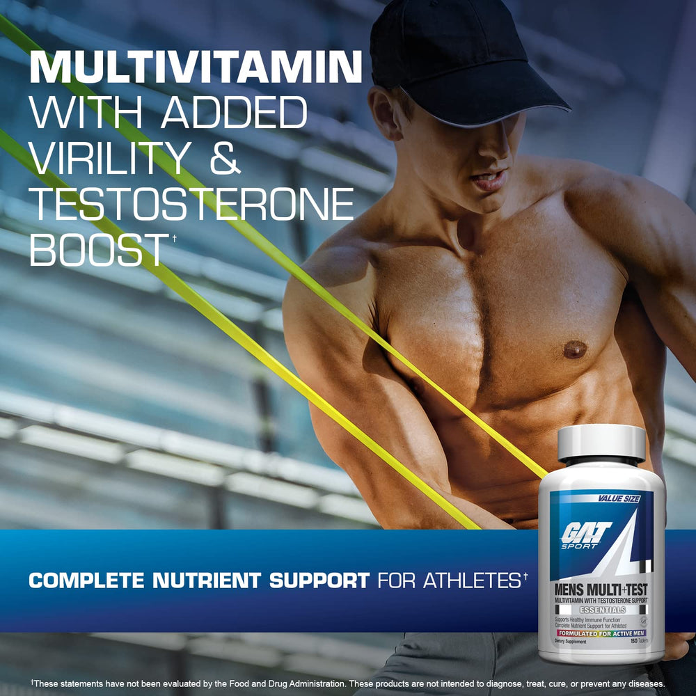 GAT SPORT Men's Multi + Test tablet closeup highlighting daily nutrition pills.