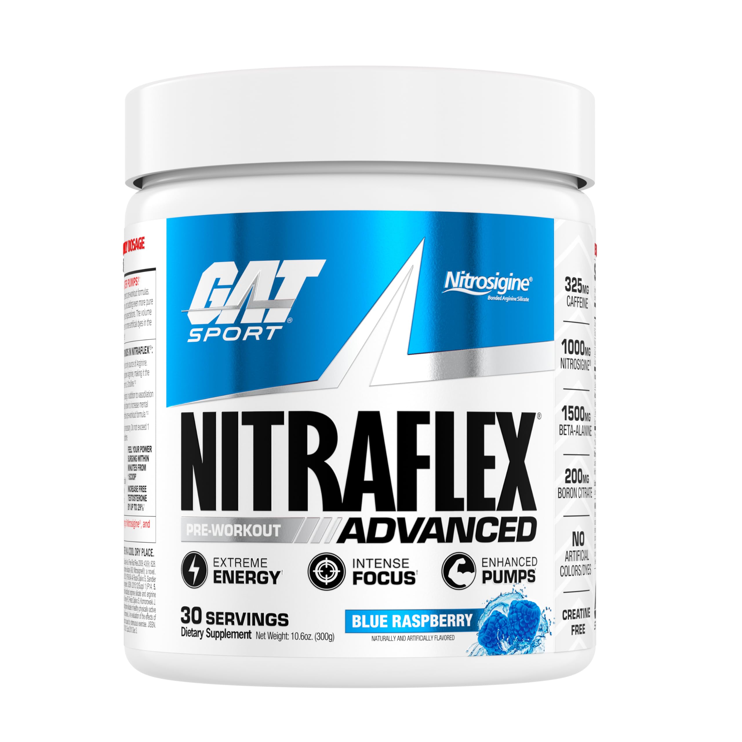 GAT SPORT Nitraflex blue raspberry canister ready to energize workouts.