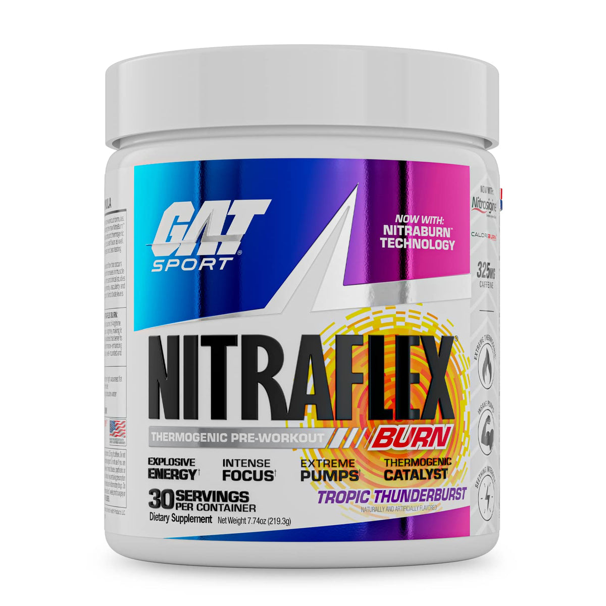 GAT SPORT Nitraflex Burn bottle with Tropic Thunderburst formula for focused workouts.