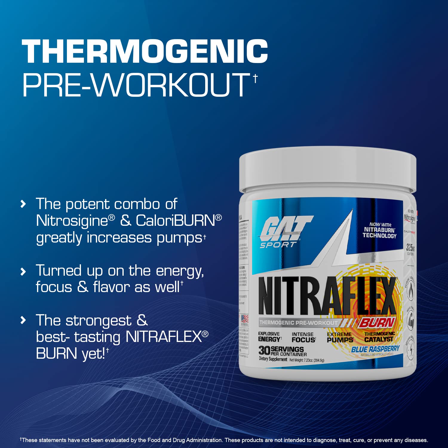 GAT SPORT Nitraflex Burn ingredient chart shows L-Tyrosine and L-Theanine.