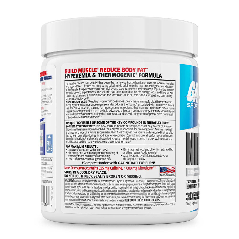 GAT SPORT Nitraflex Burn tub label highlights CaloriBURN and Nitrosigine benefits.