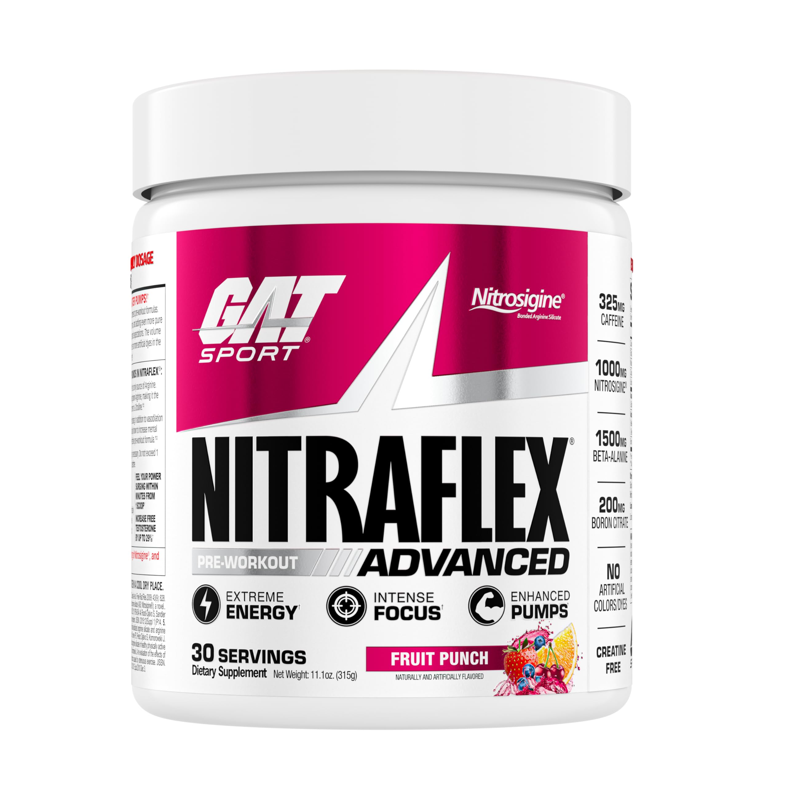 GAT SPORT Nitraflex Fruit Punch front label highlighting energy for workouts