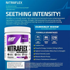GAT SPORT Nitraflex grape bottle label with ingredients and timing.