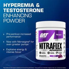 GAT SPORT Nitraflex grape powder mixed in glass for strong focus.