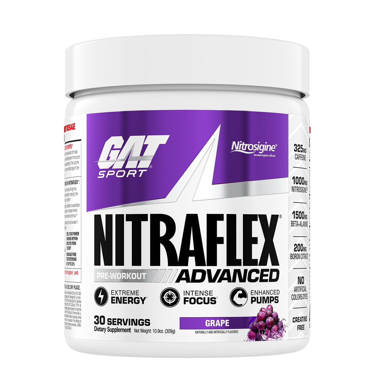 GAT SPORT Nitraflex grape tub ready for pre-workout energy boost.