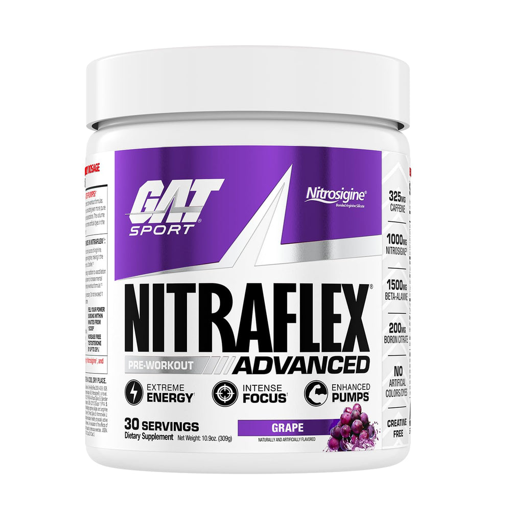 GAT SPORT Nitraflex grape tub ready for pre-workout energy boost.