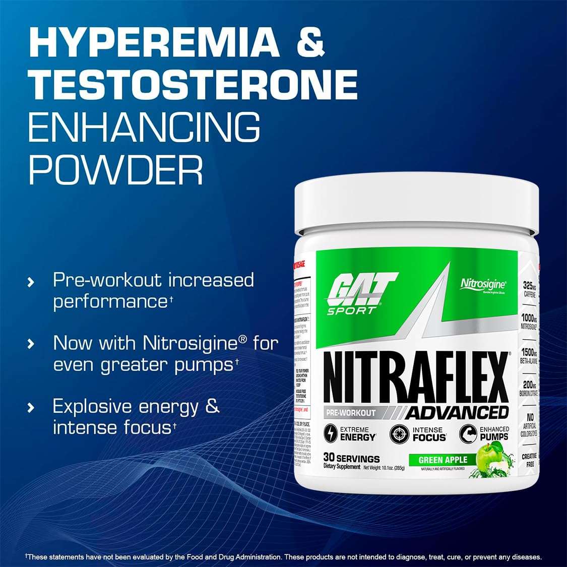 GAT SPORT Nitraflex green apple label highlights key ingredients.