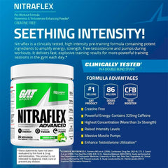 GAT SPORT Nitraflex green apple poured powder in a glass.