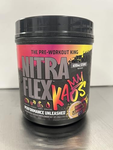 GAT SPORT Nitraflex KAOS Berry Lemonade label closeup emphasizes stimulant blend for focus