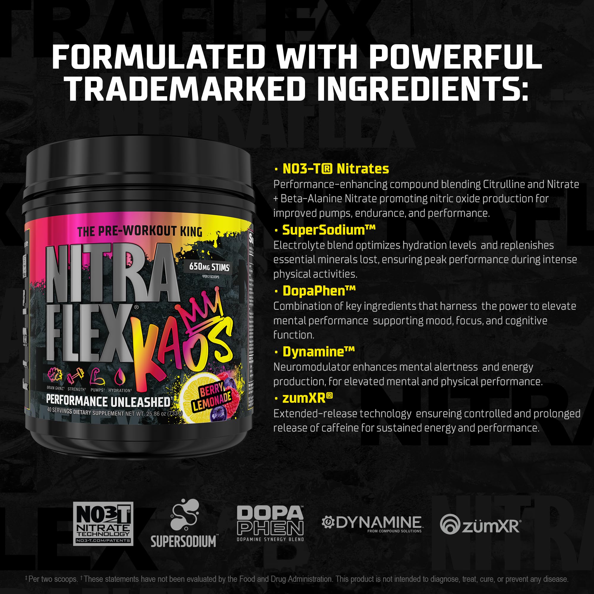 GAT SPORT Nitraflex KAOS Berry Lemonade nutrition label closeup aids shopping decisions and trust