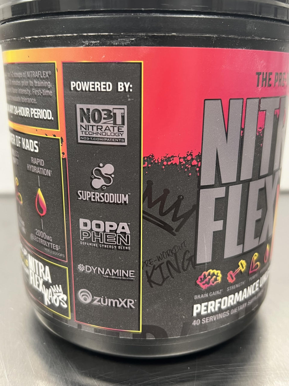 GAT SPORT Nitraflex KAOS Berry Lemonade studio shot communicates premium pre-workout quality