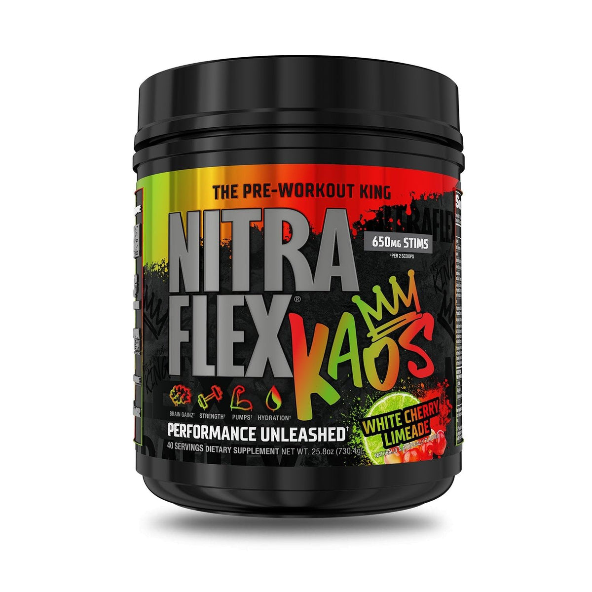 GAT SPORT Nitraflex KAOS White Cherry Lime bottle pour highlights quick hydration and bold flavor