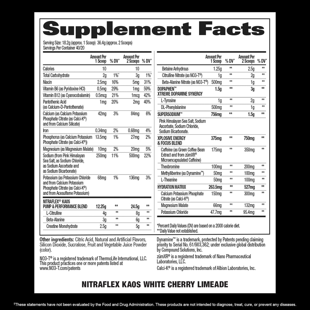 GAT SPORT Nitraflex KAOS White Cherry Lime label closeup highlights premium formula and high-stim energy