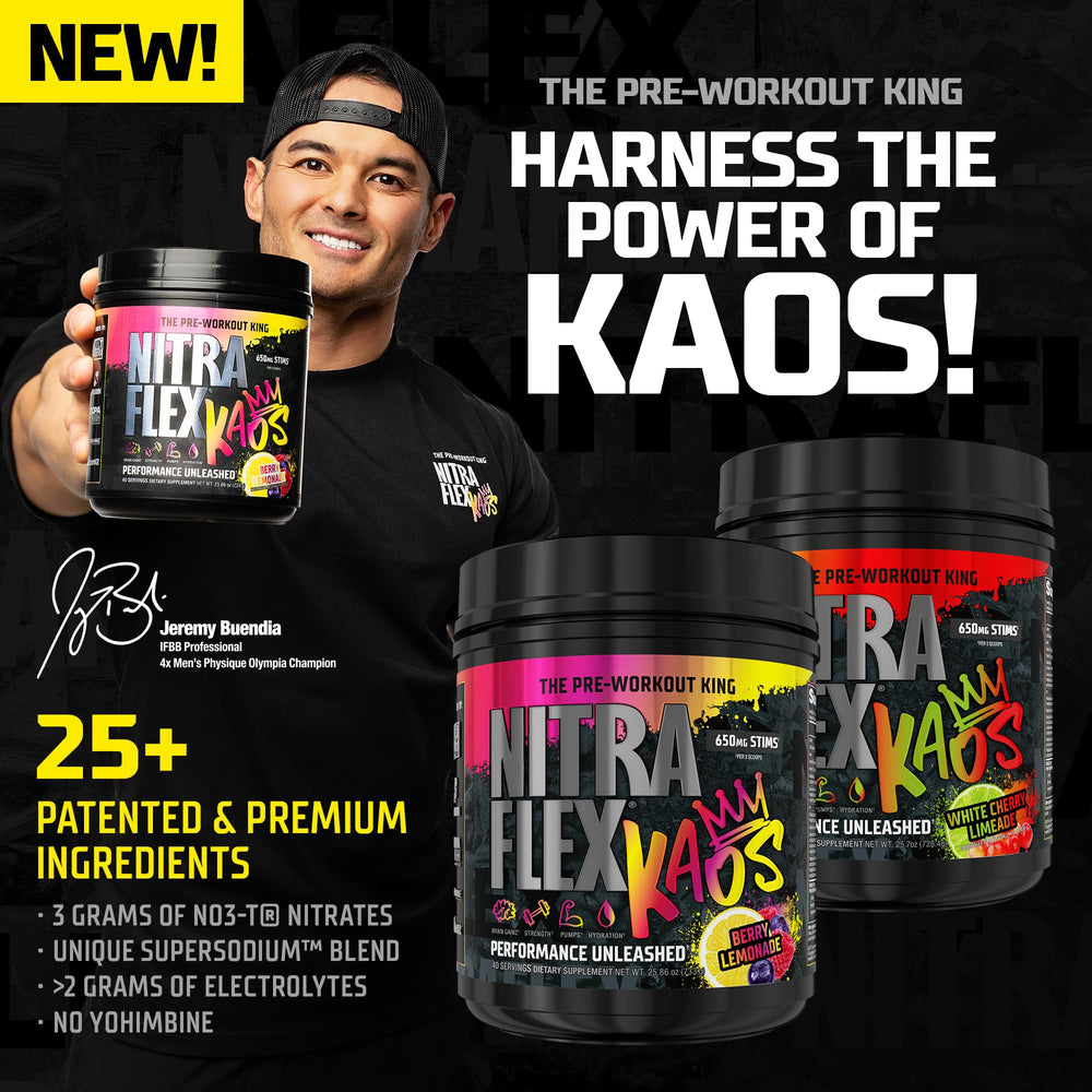 GAT SPORT Nitraflex KAOS White Cherry Lime scoop in shaker ready to power workouts