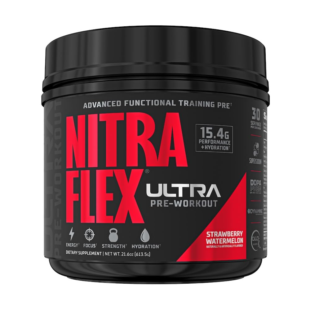 GAT SPORT Nitraflex Ultra bottle front showing the strawberry watermelon flavor for energetic workouts