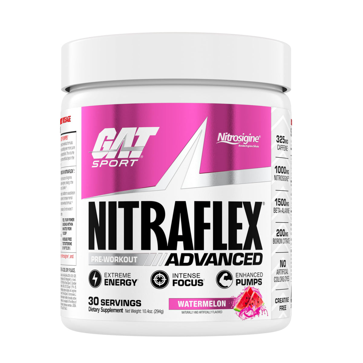 GAT SPORT Nitraflex Watermelon tub shows pre-workout powder for sustained pumps.