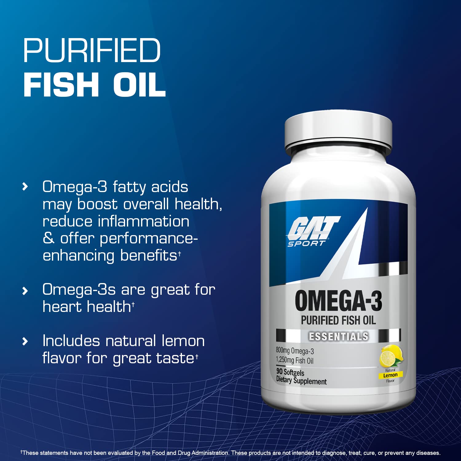 GAT SPORT Omega-3 bottle label shows 800 mg Omega-3 per serving.