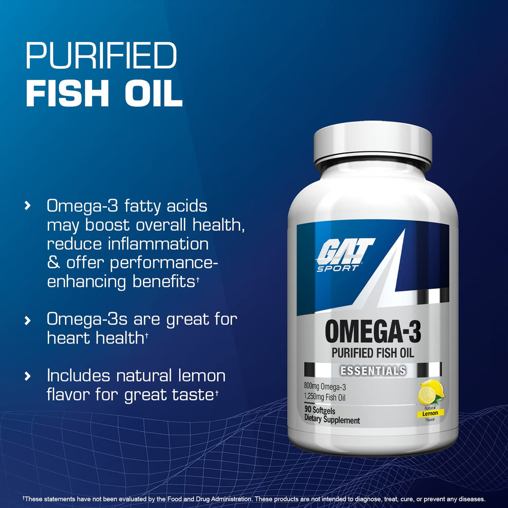 GAT SPORT Omega-3 bottle label shows 800 mg Omega-3 per serving.