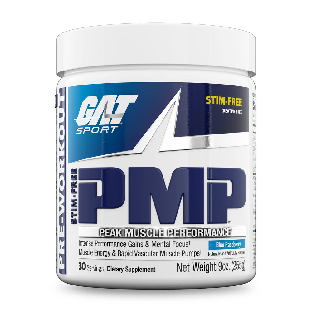 GAT SPORT PMP blue raspberry bottle, stimulant-free pre-workout option for steady energy.
