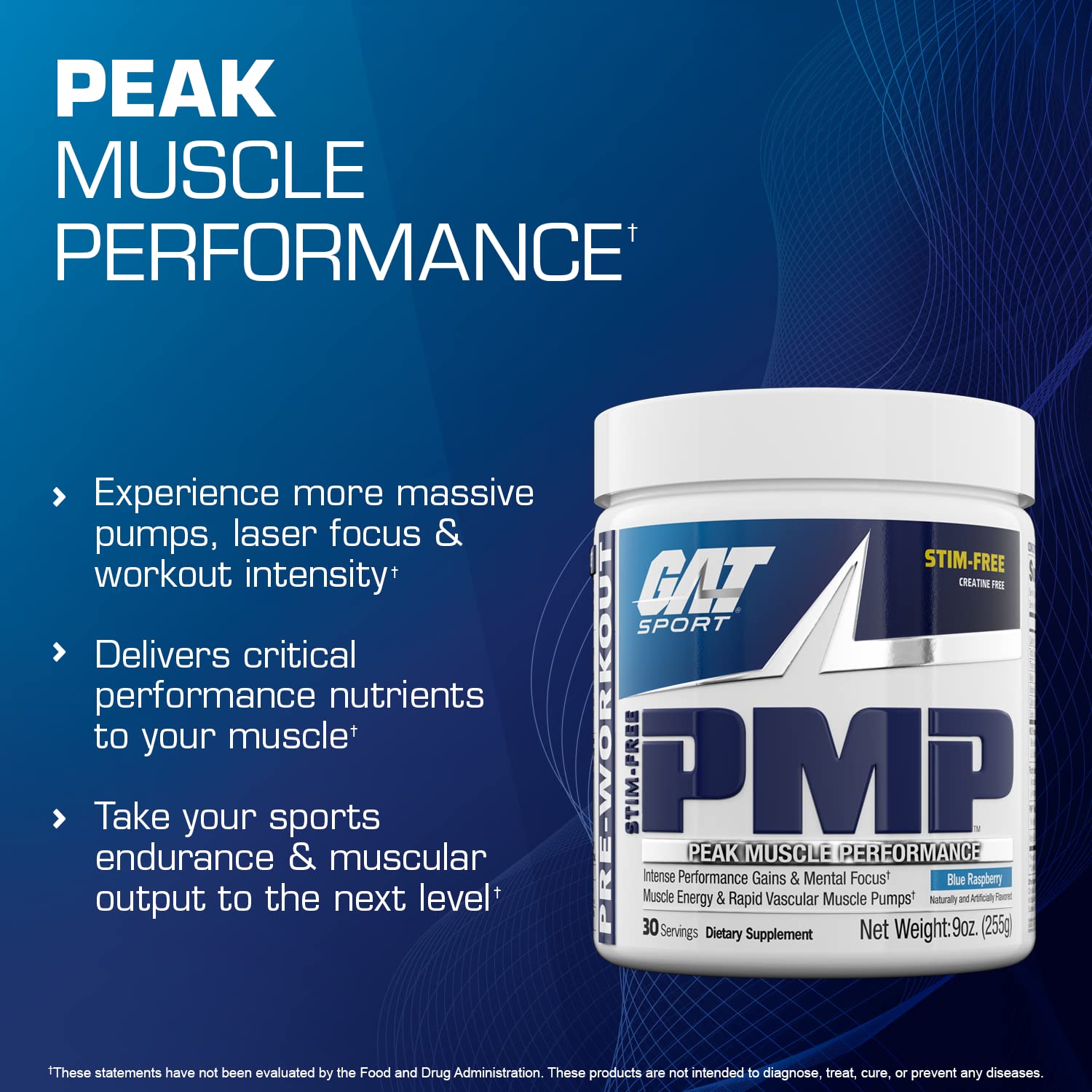 GAT SPORT PMP blue raspberry label close-up showing clean, creatine-free formula.