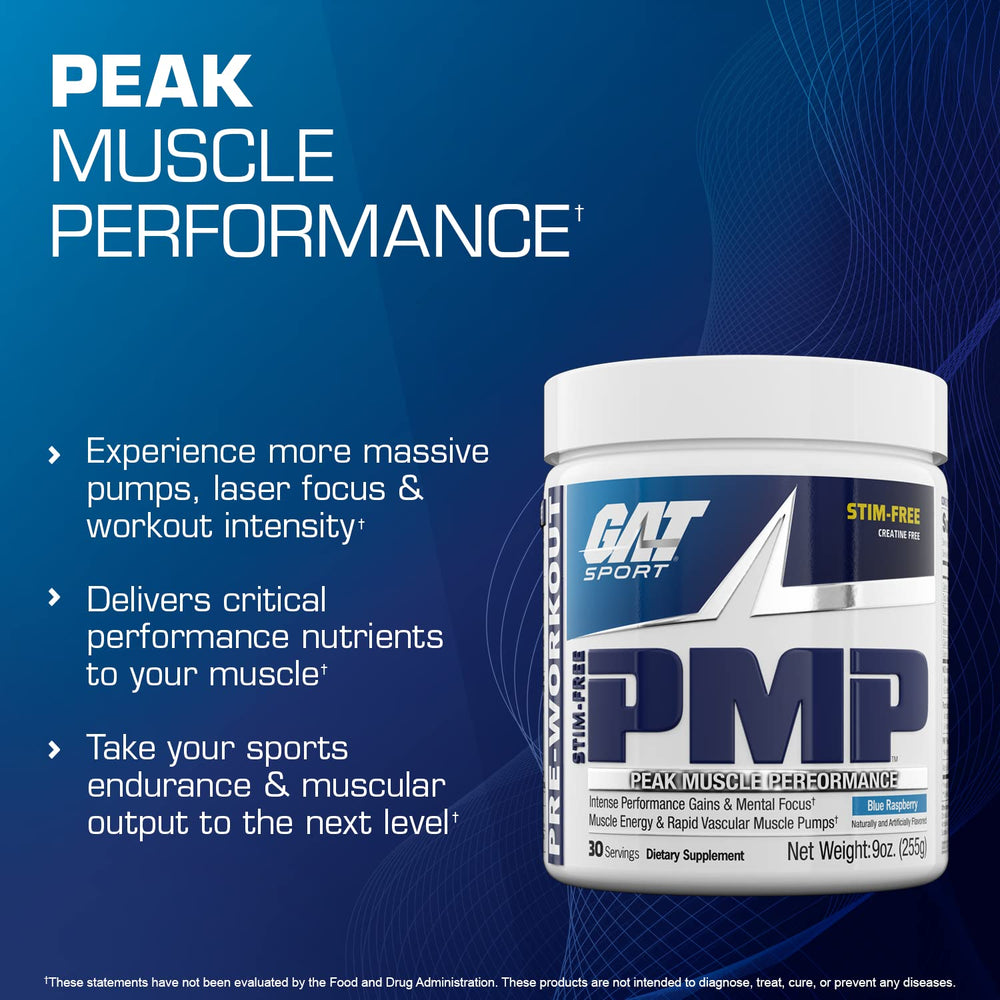 GAT SPORT PMP blue raspberry label close-up showing clean, creatine-free formula.
