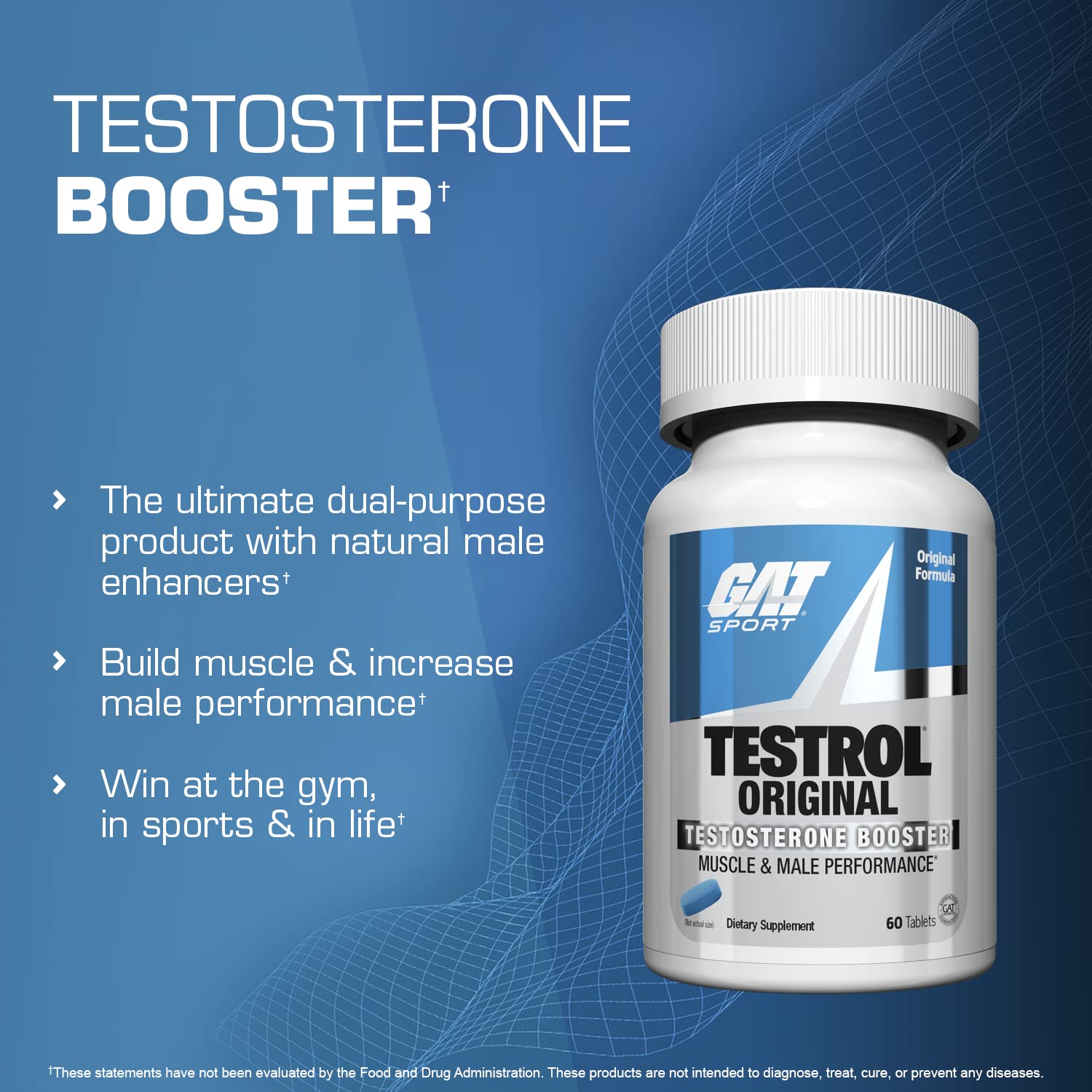 GAT Sport Testrol bottle side view highlights durable packaging and daily vitality use.