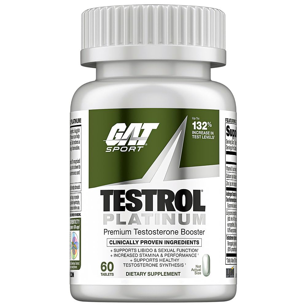 GAT SPORT Testrol Platinum bottle with label highlighting stamina support and testosterone balance.