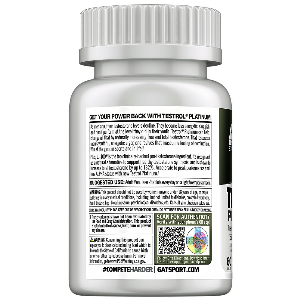 GAT SPORT Testrol Platinum box and tablets signaling comprehensive testosterone support for muscle growth.
