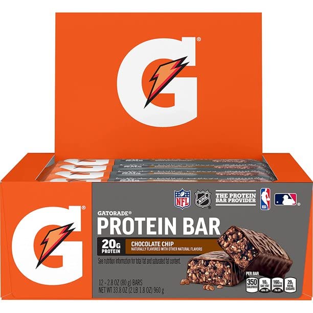 Close-up of Gatorade Whey Protein Recover Bar chocolate chip texture highlighting milk protein blend