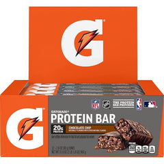 Close-up of Gatorade Whey Protein Recover Bar chocolate chip texture highlighting milk protein blend