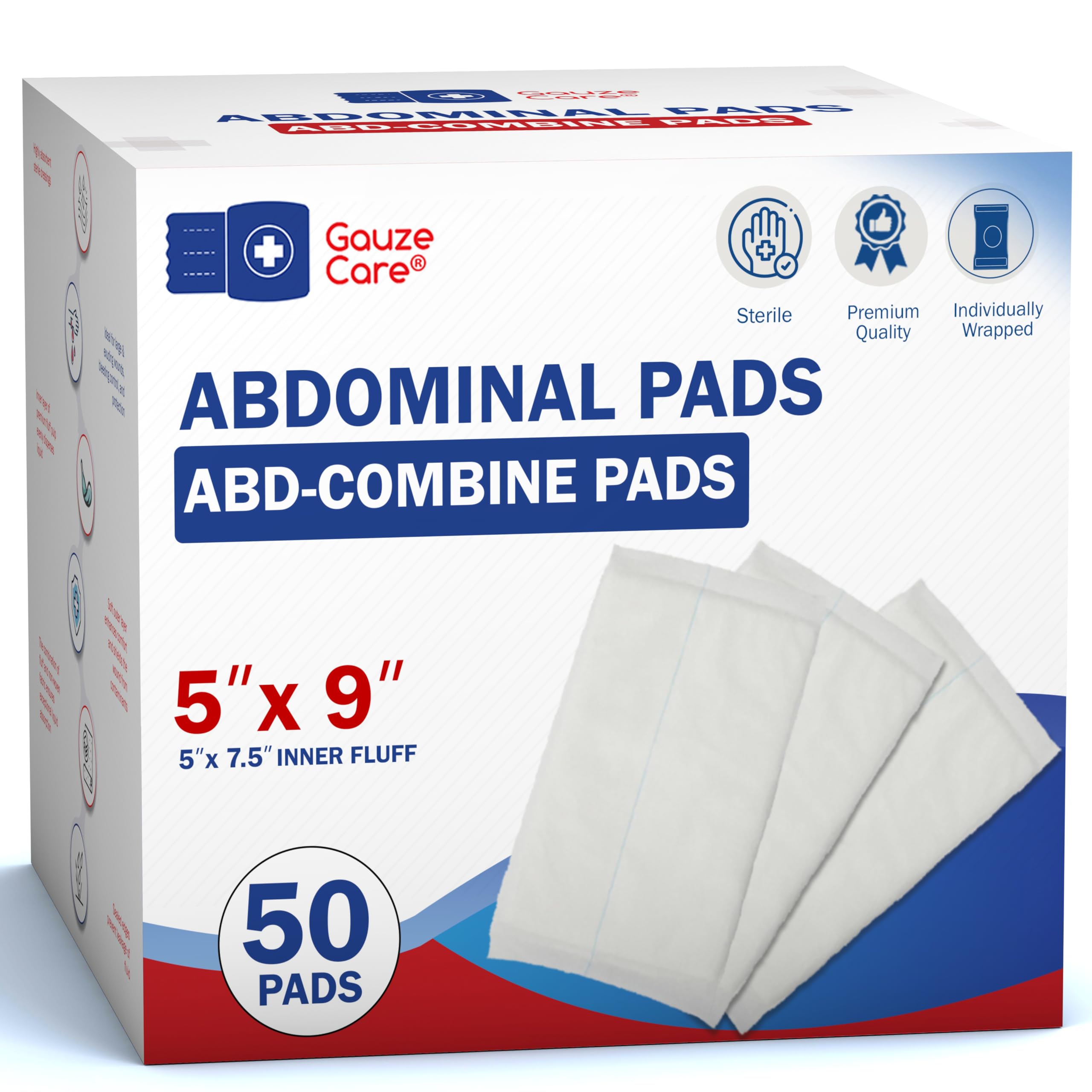 GauzeCare ABD pad 50-pack in sterile packaging, ideal for reliable wound care.