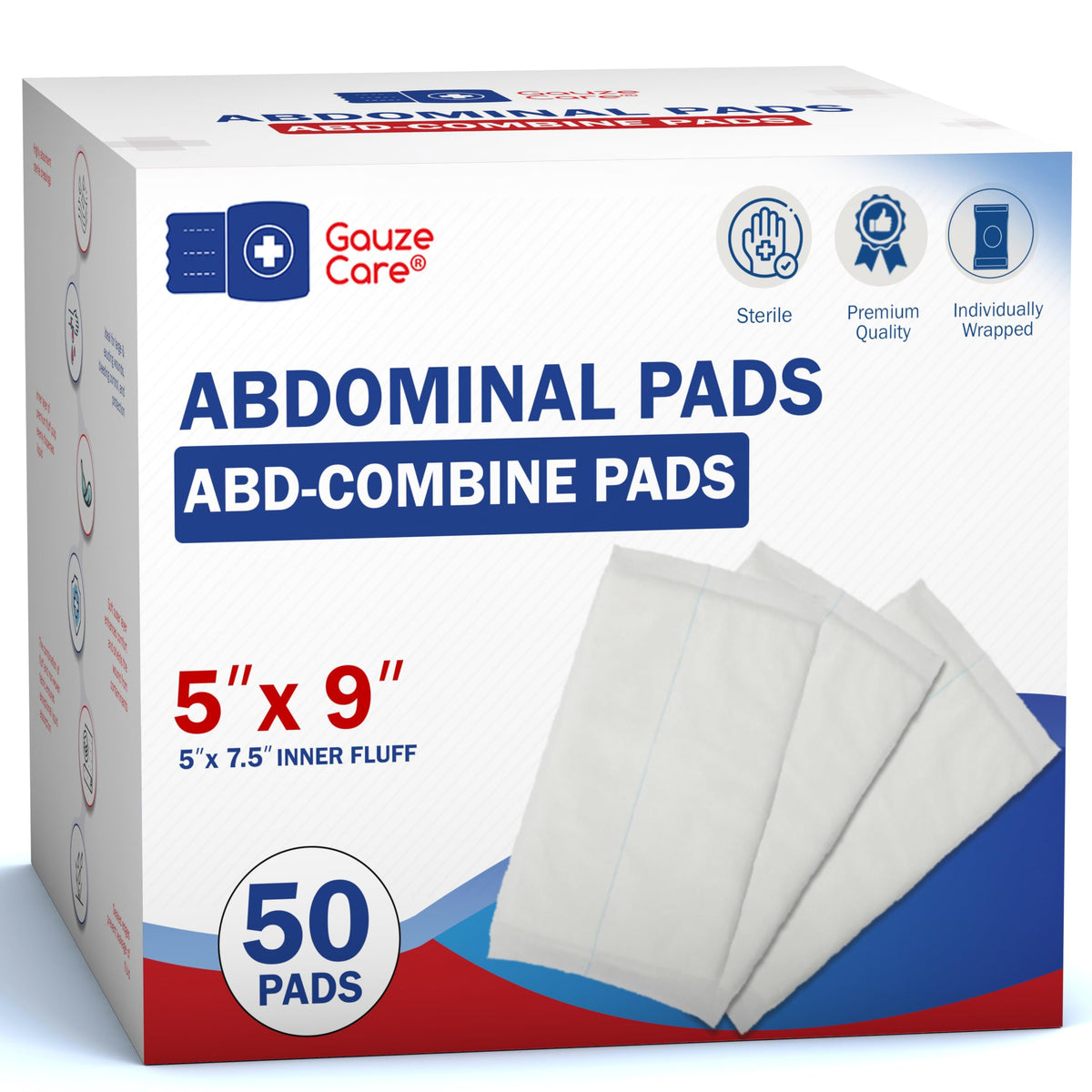 GauzeCare ABD pad 50-pack in sterile packaging, ideal for reliable wound care.