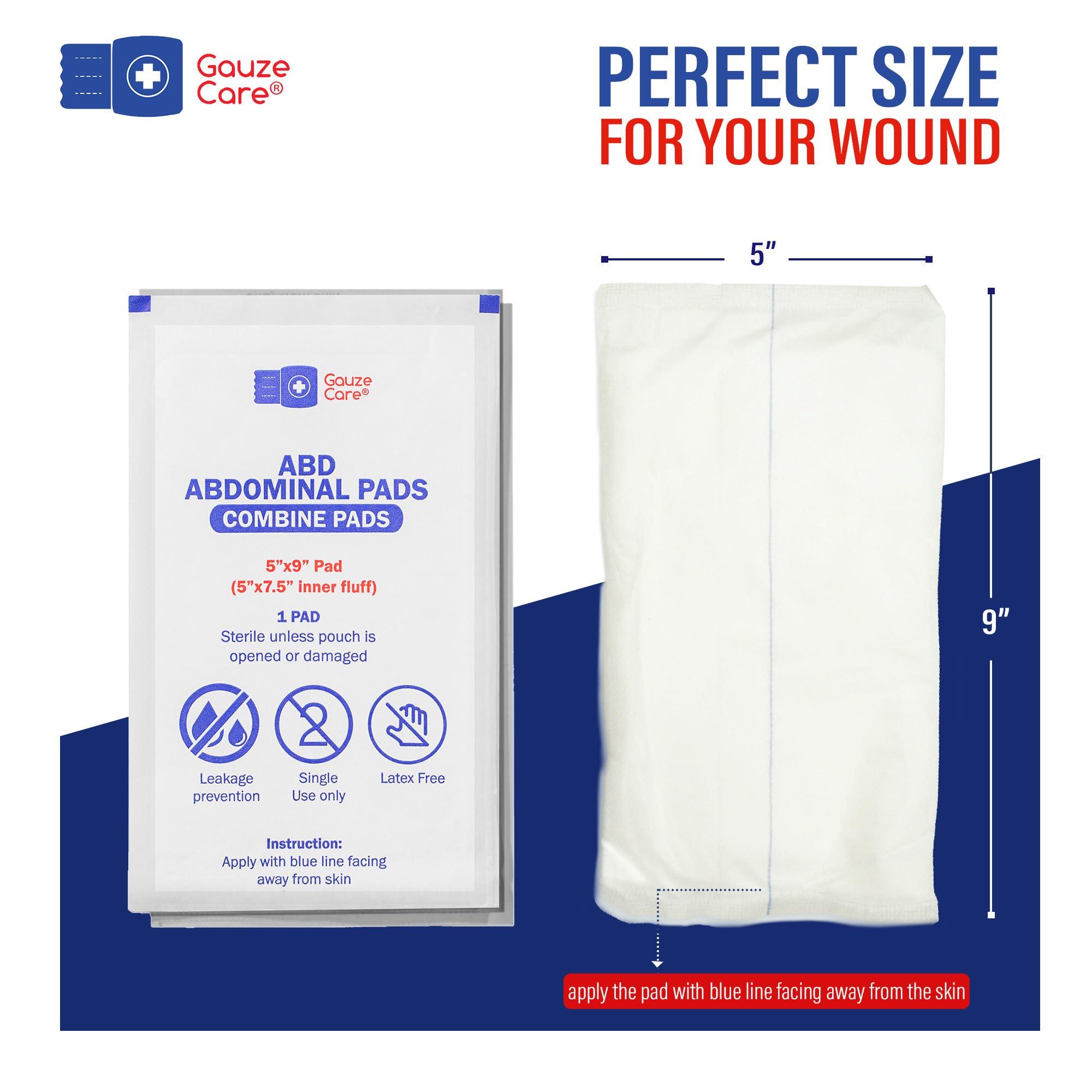 GauzeCare ABD pad unrolled showing thick absorbent core for heavy drainage.