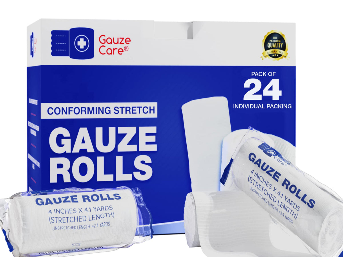 Gauze Care gauze rolls pack—24 durable, lint-free wraps for secure dressings.