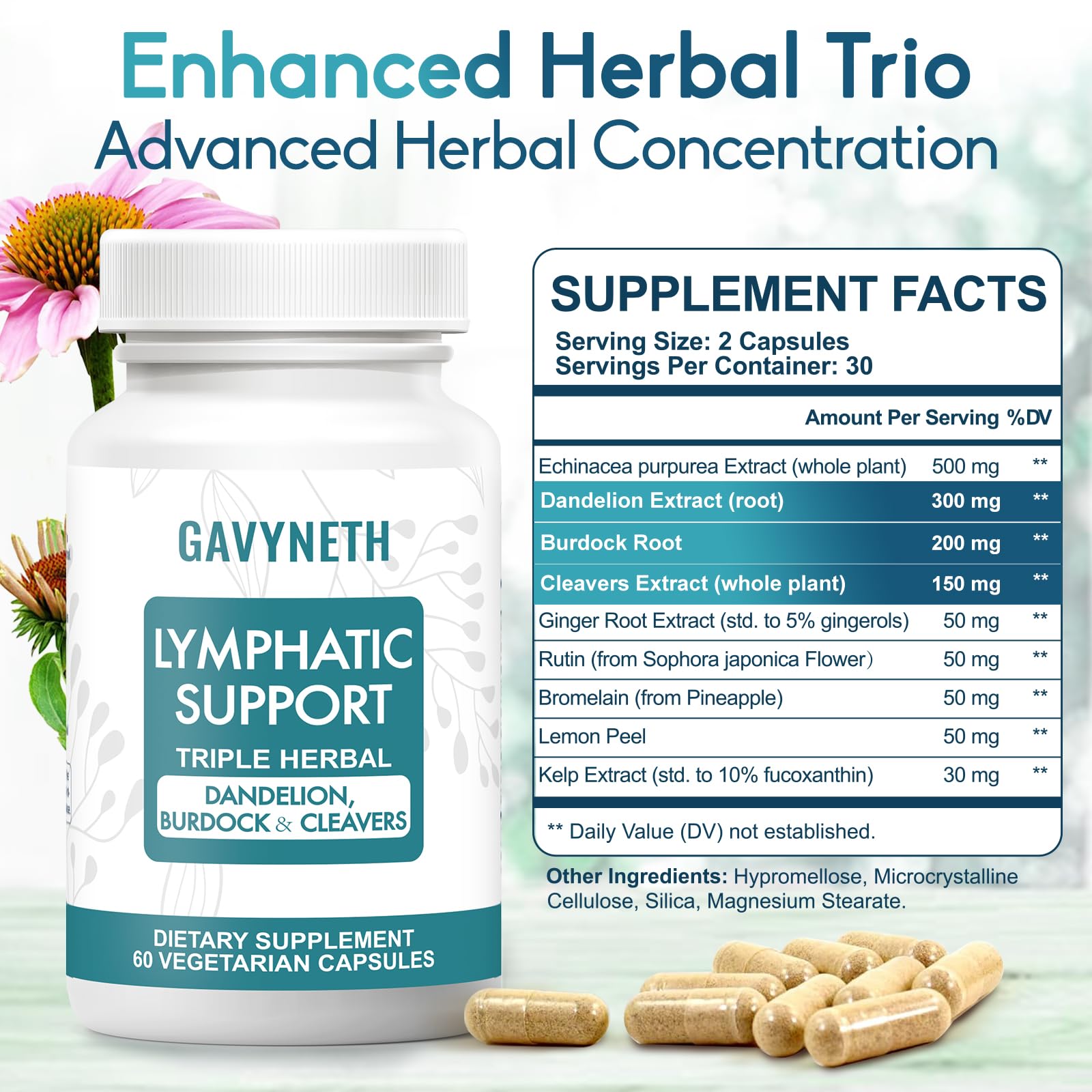 GAVYNETH ingredients display featuring dandelion and burdock for natural balance.