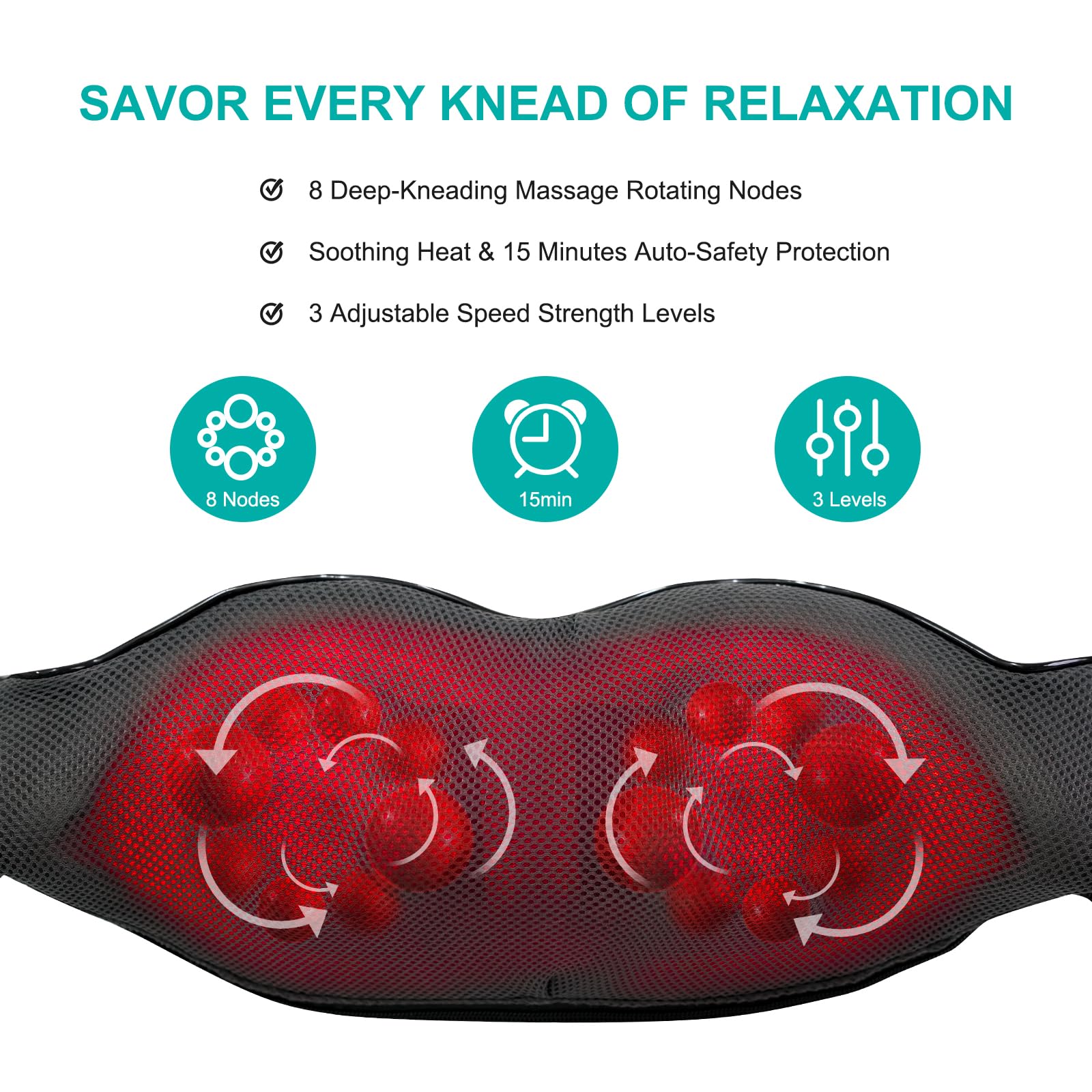 Close-up of GAXEZO deep kneading nodes targeting neck and upper back tension