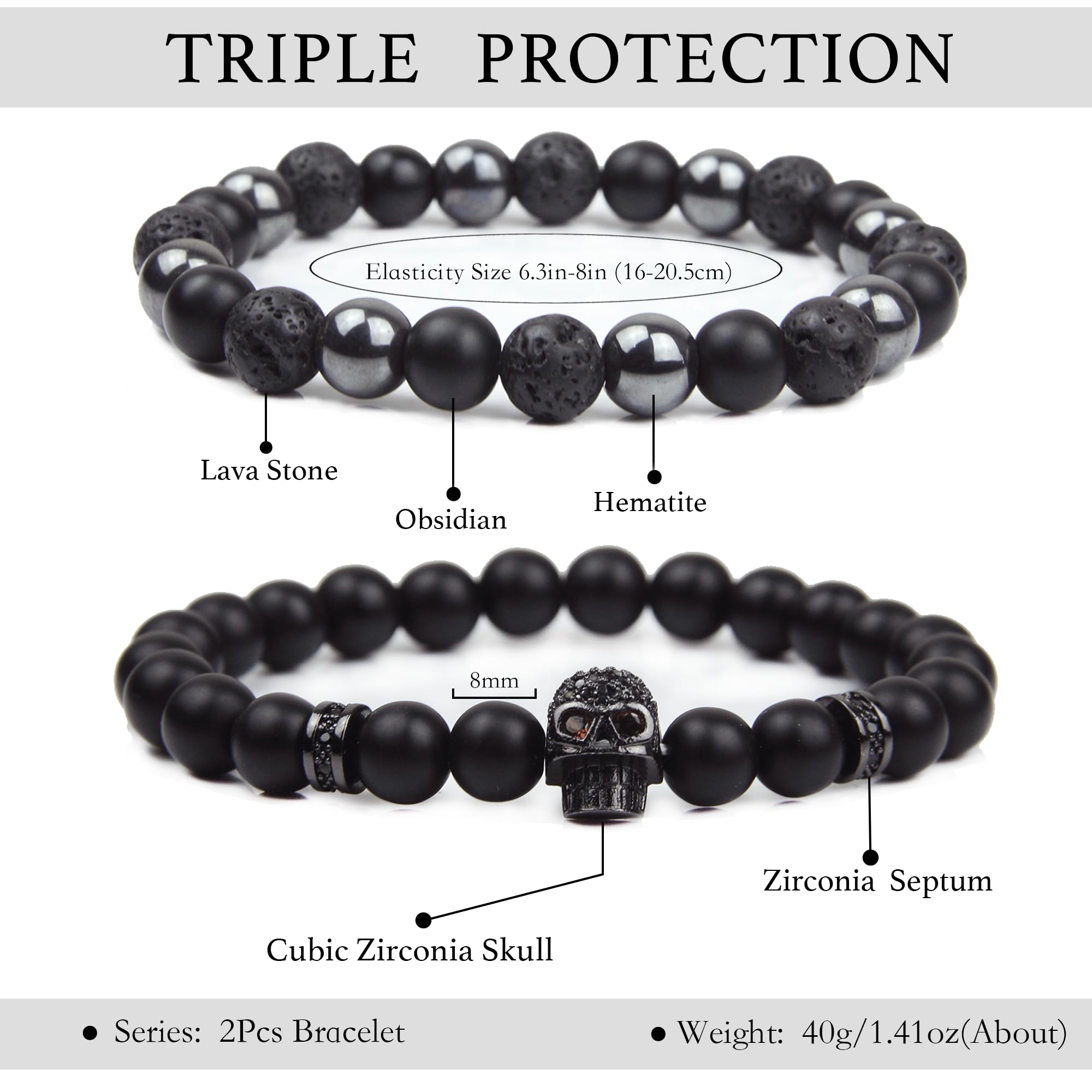 GDLKPYHS Triple protection beads close-up featuring onyx, hematite, and lava stone for balance.