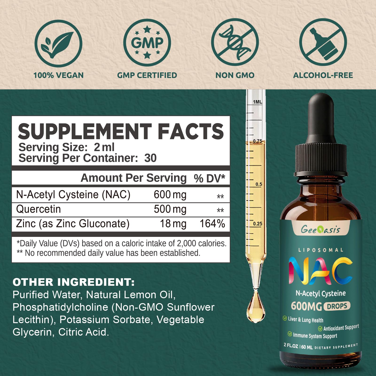 Geeoasis NAC drops dosage for easy measuring.