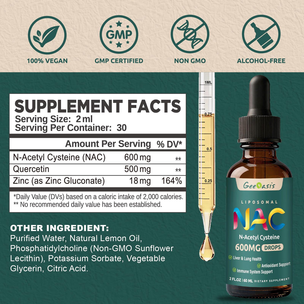 Geeoasis NAC drops dosage for easy measuring.