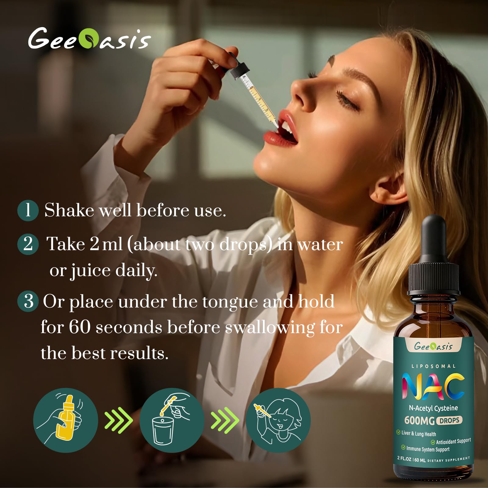 Geeoasis 2 oz bottle compact and travel-friendly.