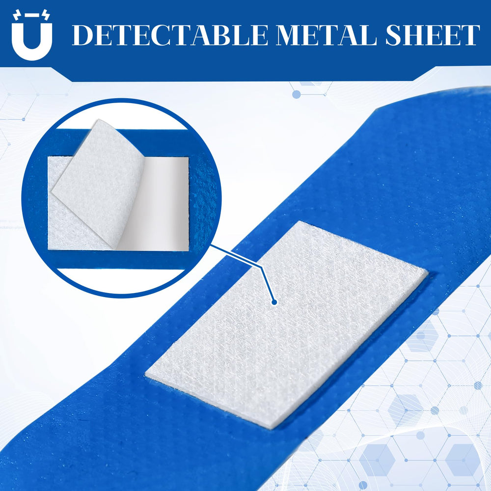 Geiserailie blue bandages with metal-detectable strips for quick removal.