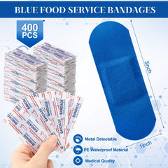 Geiserailie blue bandages in use during food preparation for visibility.