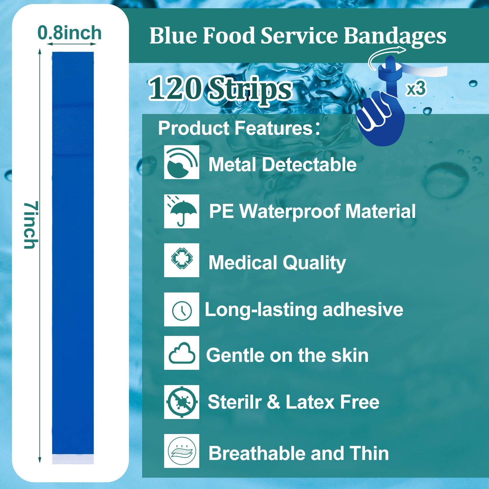 Geiserailie blue detectable bandage woven fingertip closeup showing flexible wear.